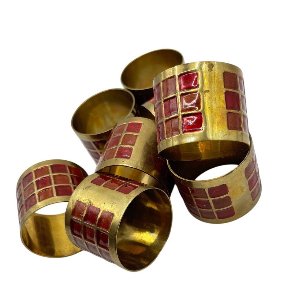Vtg Brass Cloisonne Napkin Rings Set of 6 Red Geometric Grid Enamel Table Decor